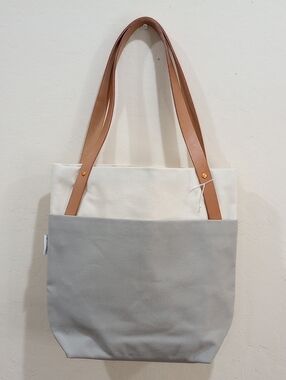 Yield Tokyo Tote Essential  Gray And Beige Canvas Bucket Bag Leather Straps